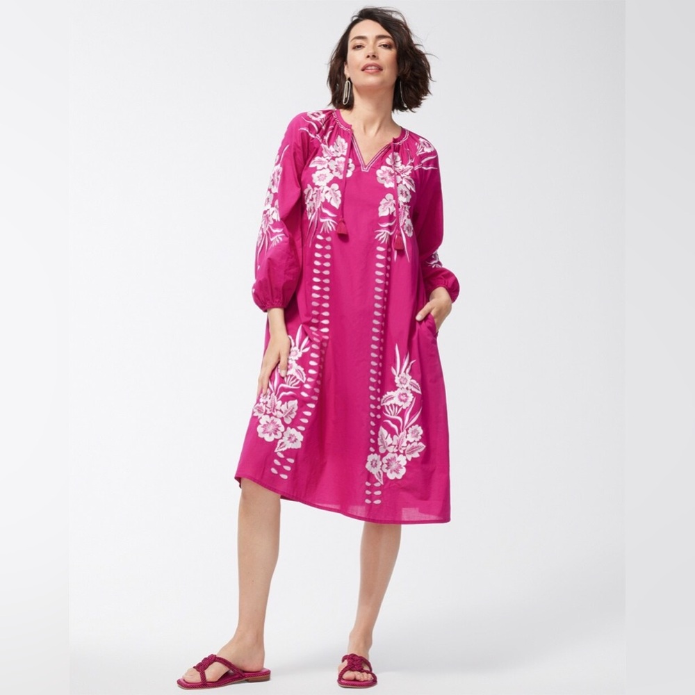 Chico's Pink Floral Midi Dress Embroidered